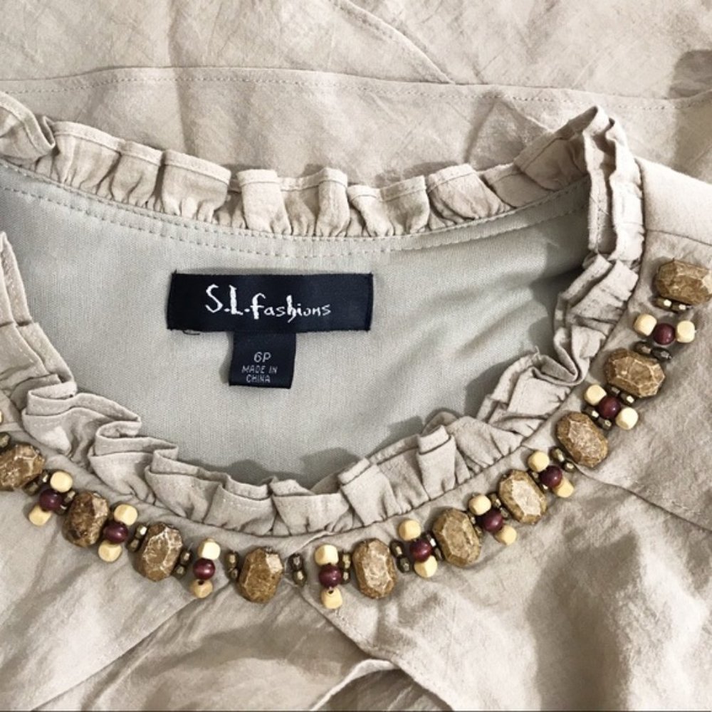 Tiered Sleeveless Mini A Line Tan Boho Chic Casual Dress Bejewelled Rock Detail - Picture 8 of 11